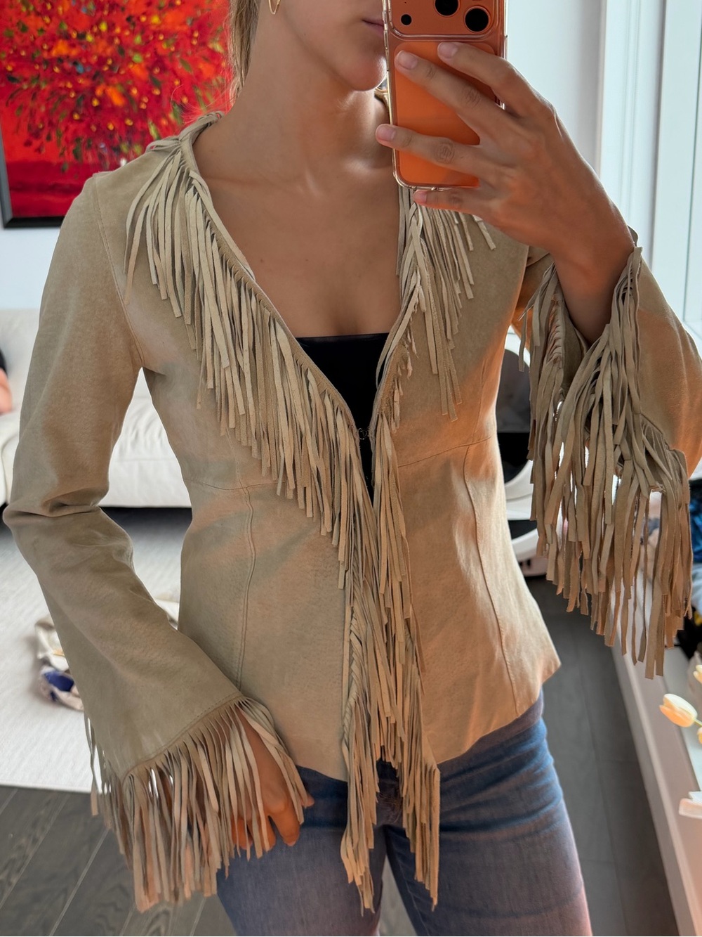 Vintage Beige Fringe Leather Jacket